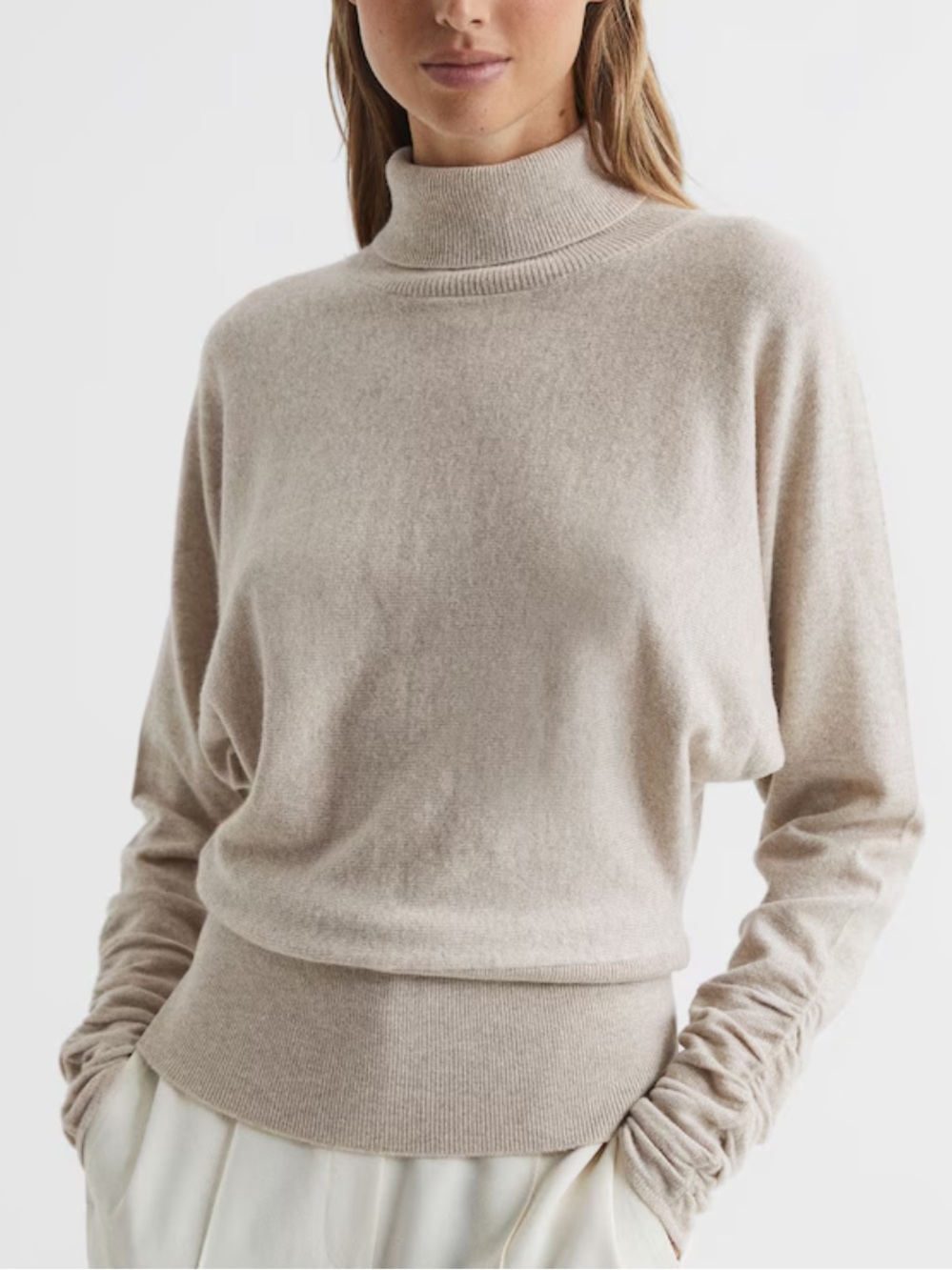 Reiss The Frankie Cream Ruched Sleeve Roll-Neck Sweater